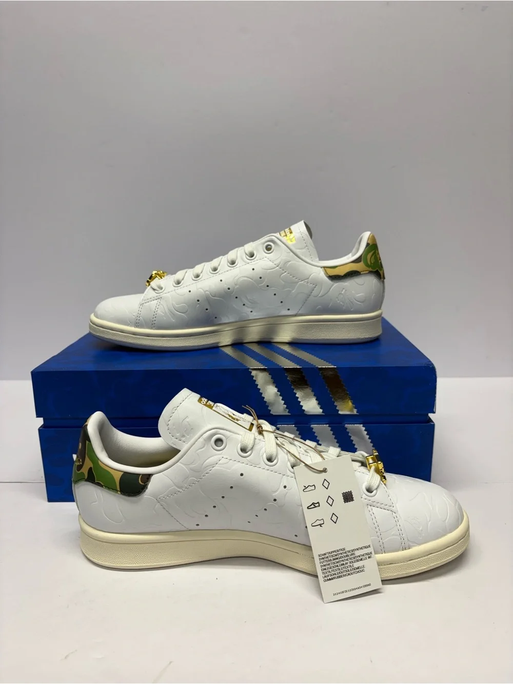 adidas Stan Smith White Sneakers with Gold Accents and Camo Heel